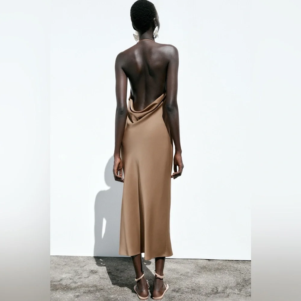 Zara Brown Halter satin maxi Dress evening wedding party cocktail - Picture 2 of 6